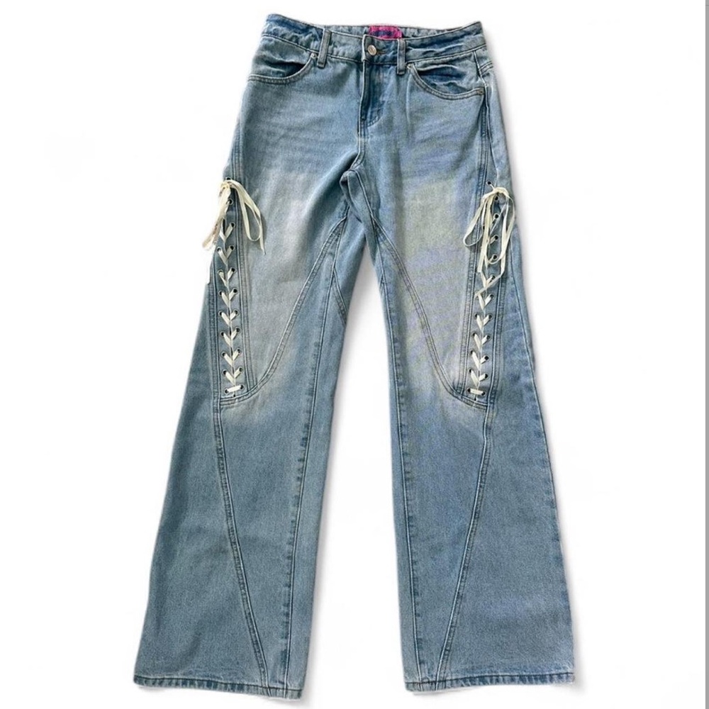 Edikted Light Blue Flare Jeans with Lace-Up Sides